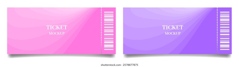 Ticket mockups with bar codes and shadows. Background template with pink and violet abstract pattern. Concert, movie or theater ticket. Boarding blank, lottery, sale coupon