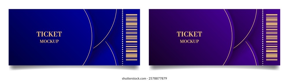 Ticket mockups with bar codes and shadows. Background template with blue and purple abstract pattern. Concert, movie or theater ticket. Lottery, sale coupon