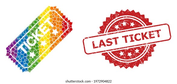 Ticket mosaic icon of circle dots in various sizes and spectrum colored color tones, and Last Ticket textured rosette stamp. A dotted LGBT-colored Ticket for lesbians, gays, transgenders,