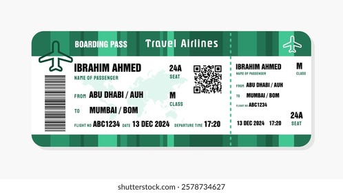 Ticket to Mumbai, India. Boarding pass template with generic data. Travel flight ticket vector illustration with QR code.