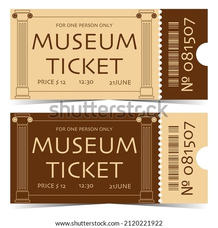 Ticket to the museum with ancient columns. Tear-off museum ticket template. Design of a horizontal detachable ticket to visit the museum. Flat vector illustration of an entrance ticket to the museum.