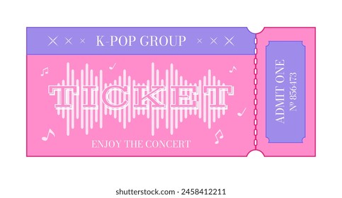 Ticket to a music concert, decorated with musical notes. Vector illustration isolated on white background
