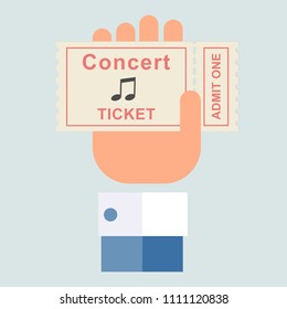 Ticket for a musical concert in hand. Invitation, gift, sale service.
