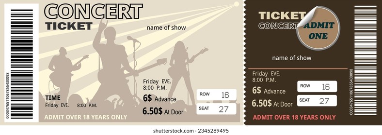 Ticket for musical concert in light colors. Performers on stage