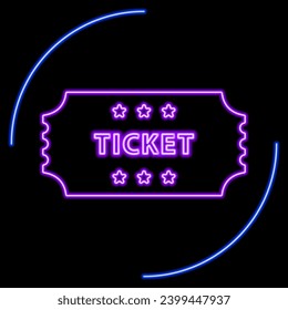 ticket neon sign, modern glowing banner design, colorful modern design trends on black background. Vector illustration.