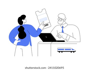 Ticket office abstract concept vector illustration. Woman buying tickets for train from seller, urban transportation service, public transport passengers, make a purchase abstract metaphor.