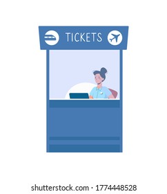 A ticket office to buy tickets for train or plane. Vector illustration in flat cartoon style, blue colors. Isolated ticket service on white background, cash desk with cashier in uniform.