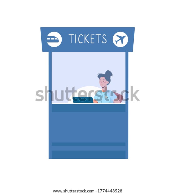 A ticket office to buy tickets for train or\
plane. Vector illustration in flat cartoon style, blue colors.\
Isolated ticket service on white background, cash desk with cashier\
in uniform.
