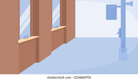 Ticket office windows flat color vector illustration. Booking plane, bus and train tickets. Fully editable 2D simple cartoon interior with dashboard in airport, railway station on background
