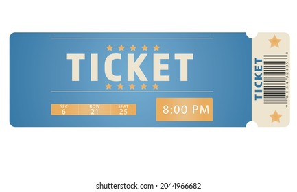 Ticket auf blauem Hintergrund. Fair. Pass auf. Strichcode. Kino, Theater, Ausstellung