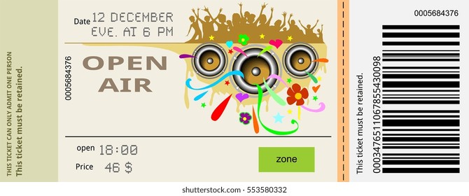 Ticket Open Air Concert Invitation, Show, Coupon, Pass Admission Entry Entrance People Festival 