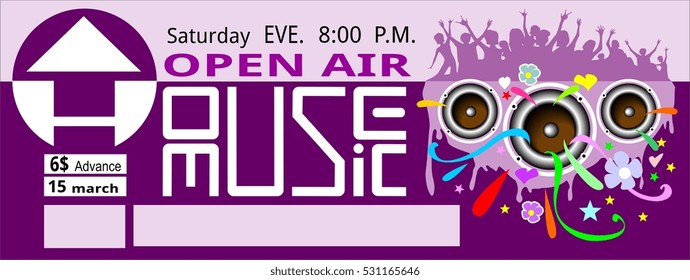 Ticket Open Air House Music Concert Invitation, Show, Coupon, Pass Admission Entry Entrance People 