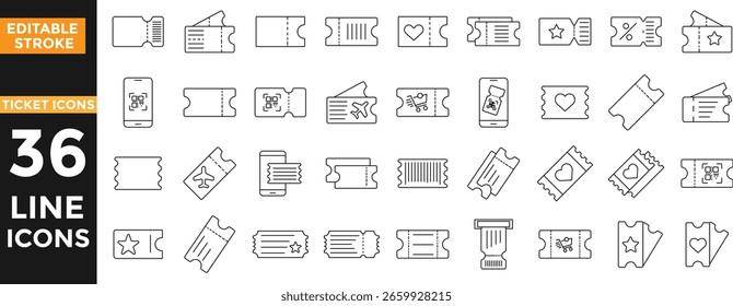 Conjunto de iconos de esquema de ticket. Conjunto de tickets de iconos web en estilo de línea. Trazo editable
