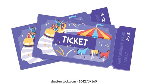 Ticket Park Amusement Flat Composition With Entry Tickets For Fun Fair Park With Images And Text Vector Illustration