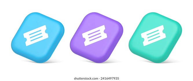 Ticket pass coupon raffle lottery cinema show entrance permission 3d realistic blue purple and green icons. Paper admission entry access entertainment coast check user interface web