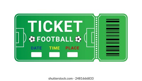 Ticket or pass to a football game with an abstraction green field and barcode. Vector illustration isolated on white background