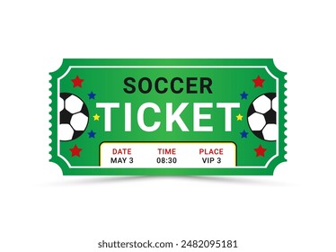 Ticket pass to the soccer championship. Tournament game invitation coupon. Vector illustration isolated on white background