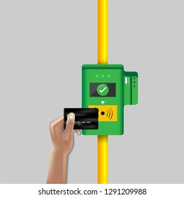 Ticket pass validation card machine of transportation., Passenger hand is holding credit or union card while scan reading with ticketing system machine., Easy payment and public transport concept.