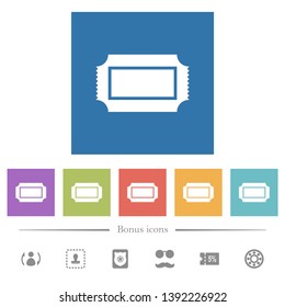 Ticket with perforated edges flat white icons in square backgrounds. 6 bonus icons included.