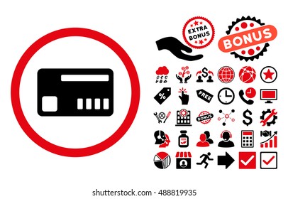 Ticket pictograph with bonus pictogram. Vector illustration style is flat iconic bicolor symbols, intensive red and black colors, white background.