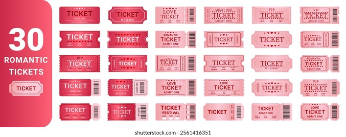 Ticket in pink and red colors. Romantic love coupon icon set. Vintage pass symbol. Admit one sign. Valentine's Day paper admission on white background
