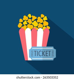 Ticket and popcorn icon. Flat design. Vector illustration