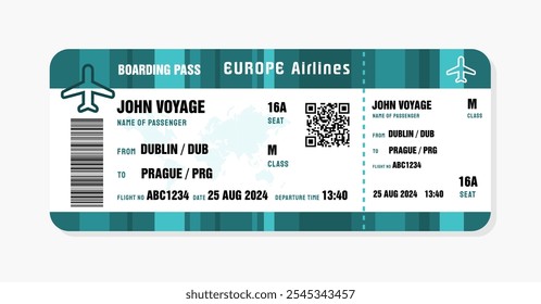 Boleto a Praga, República Checa. Plantilla de la tarjeta de embarque con datos genéricos. Ilustración vectorial de billetes de avión con código QR.