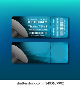 Ticket For Premier League Of Ice Hockey Vector. Ticket With Tear-off Coupon, Barcode, Black Puck And Information Of Playing Teams And Place Of Activity Competition. Realistic 3d Illustration