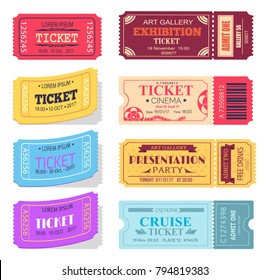 Ticket and presentation party in art gallery, cinema and cruise trip, samples with text and date, vector illustration isolated on white background