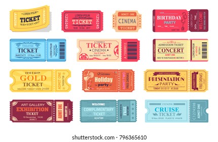 Ticket and presentation party in art gallery, cinema and cruise trip, samples with text and date, vector illustration isolated on white background