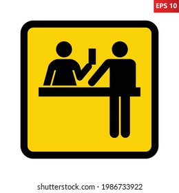 Ticket purchase sign. Vector illustration of man buying ticket at counter. Information for passenger. Symbol used at airport, bus station, train station.