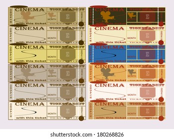 The ticket for representation twelve pieces in various colors and styles. The vector image of a template for tickets. EPS10