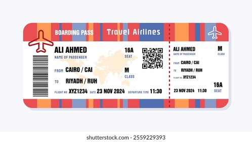 Ticket to Riyadh, Saudi Arabia from Egypt. Boarding pass template with generic data. Travel flight ticket vector illustration with QR code.