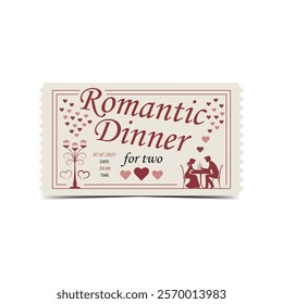 A ticket for a romantic dinner for two on a white background. Vector image.