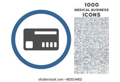 Ticket rounded vector bicolor icon with 1000 medical business icons. Set style is flat pictograms, cobalt and gray colors, white background.