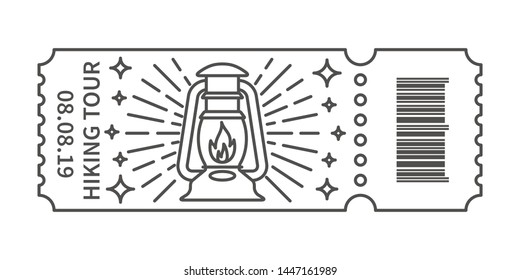 Ticket with Rustic camping lantern in linear style isolated on white background. Vintage oil lamp in line. Retro handle lantern for tourist hiking. Vector illustration.