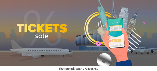 Ticket sale banner. Buys groceries through the app. Buying food online. Egyptian pyramids, Eiffel Tower, Statue of Liberty, Wheels, Pezan Tower.