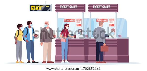 Ticket\
sales counter semi flat RGB color vector illustration. People in\
airport queue in medical mask on safe distance. Airplane passengers\
isolated cartoon character on white\
background