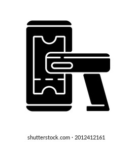Ticket scanner black glyph icon. Device to scan unique barcodes on printed tickets or badges to validate its barcode. Preventing fraud. Silhouette symbol on white space. Vector isolated illustration