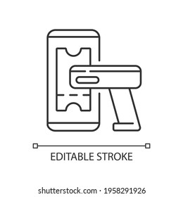 Ticket scanner linear icon. Scan unique barcodes on printed tickets to validate its barcode. Thin line customizable illustration. Contour symbol. Vector isolated outline drawing. Editable stroke