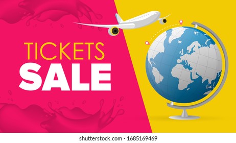 Ticket selling. The plane flies from point A to point B. Globus. Travel banner. Vectorana of the illustration.