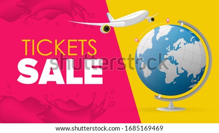 Ticket selling. The plane flies from point A to point B. Globus. Travel banner. Vectorana of the illustration.