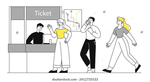 Ticket service linear. Men and women buying passes to cinema or amusement park. Seller and buyers near cash register, ticket window. Doodle flat vector illustration isolated on white background