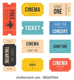 Ticket Set For Cinema, Concert, Vintage Style, Flat Design