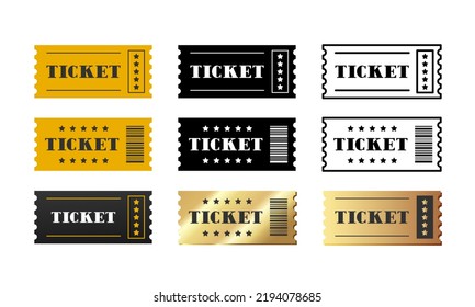 Ticket. Set Of Colored, Black And Gold Tickets. Vector Clipart Isolated On White Background.