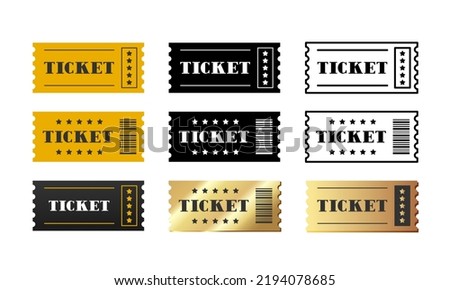 Ticket. Set of colored, black and gold tickets. Vector clipart isolated on white background.
