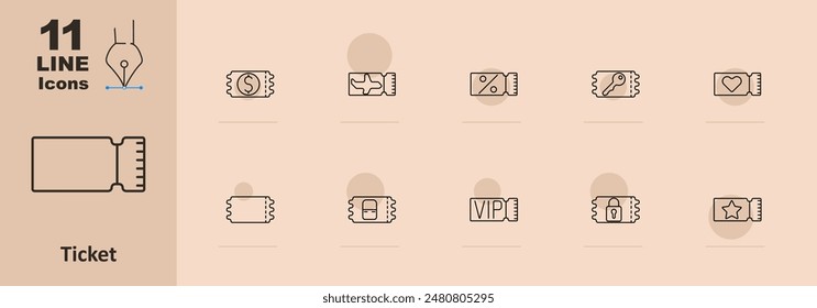 Icono de conjunto de tickets. Billete en blanco, signo de dólar, avión, porcentaje, llave, corazón, VIP, candado, estrella. Concepto de evento y admisión. Icono de línea de Vector sobre fondo beige