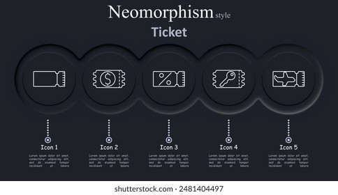 Icono de conjunto de tickets. Billete, Cupón, descuento, llave, tarjeta de embarque, admisión, viaje, venta, entrada, Vector, ilustración, neomorfismo, iconos.
