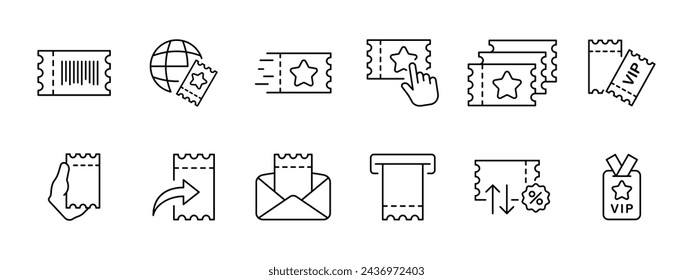 Ticket set icon. Ticket, rental, VIP, badge, shipping. Sending, receiving, changing a ticket. Vector line icon on white background.