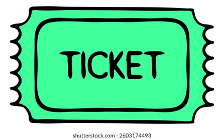 Ticket set icon. Simplified shape with word Ticket represents admission, entertainment, event entry, pass, access, concert, movie, fair, festival, show.